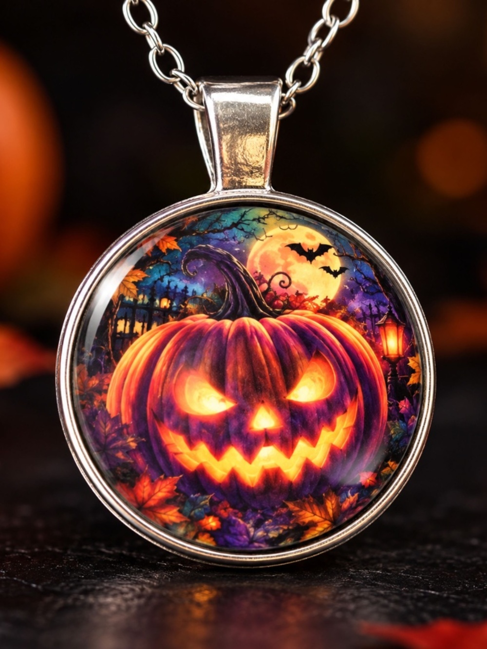 🎃 Halloween Pumpkin Jack o Lantern Necklace Spooky Moon Bat Art Pendant Gift